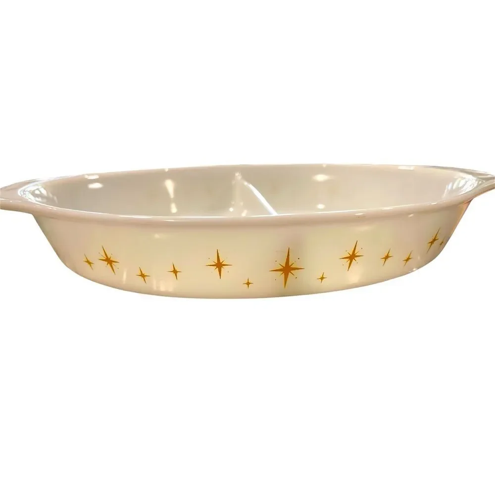 Pyrex 1.5 Quart Atomic Starburst Divided Casserole Dish with Lid Vintage Rare